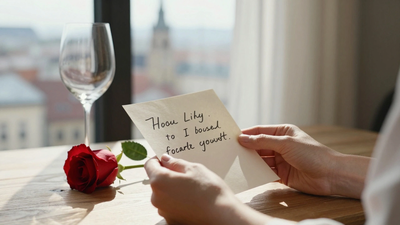 A handwritten note and a single rose rest on a wooden table beside a wine glass, sunlight streaming through a window.