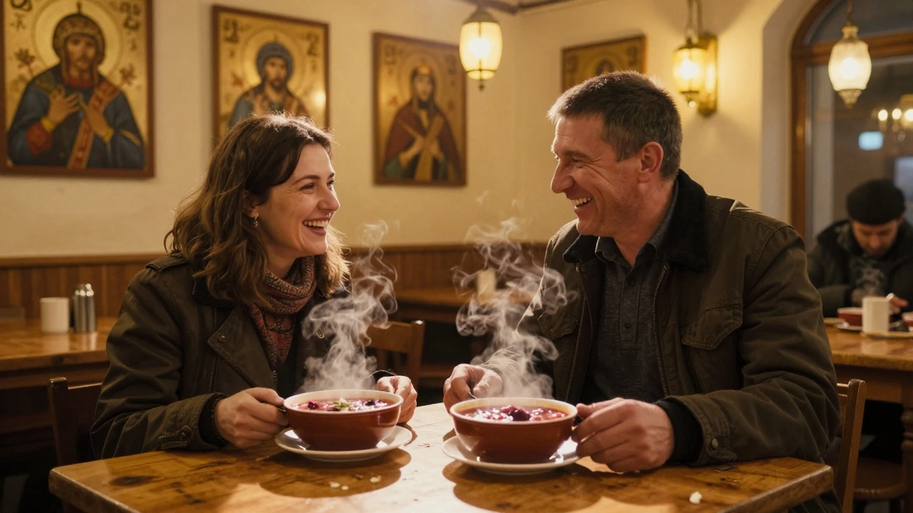 A traveler shares a meal with a local guide, enjoying borscht in a warm Russian eatery.