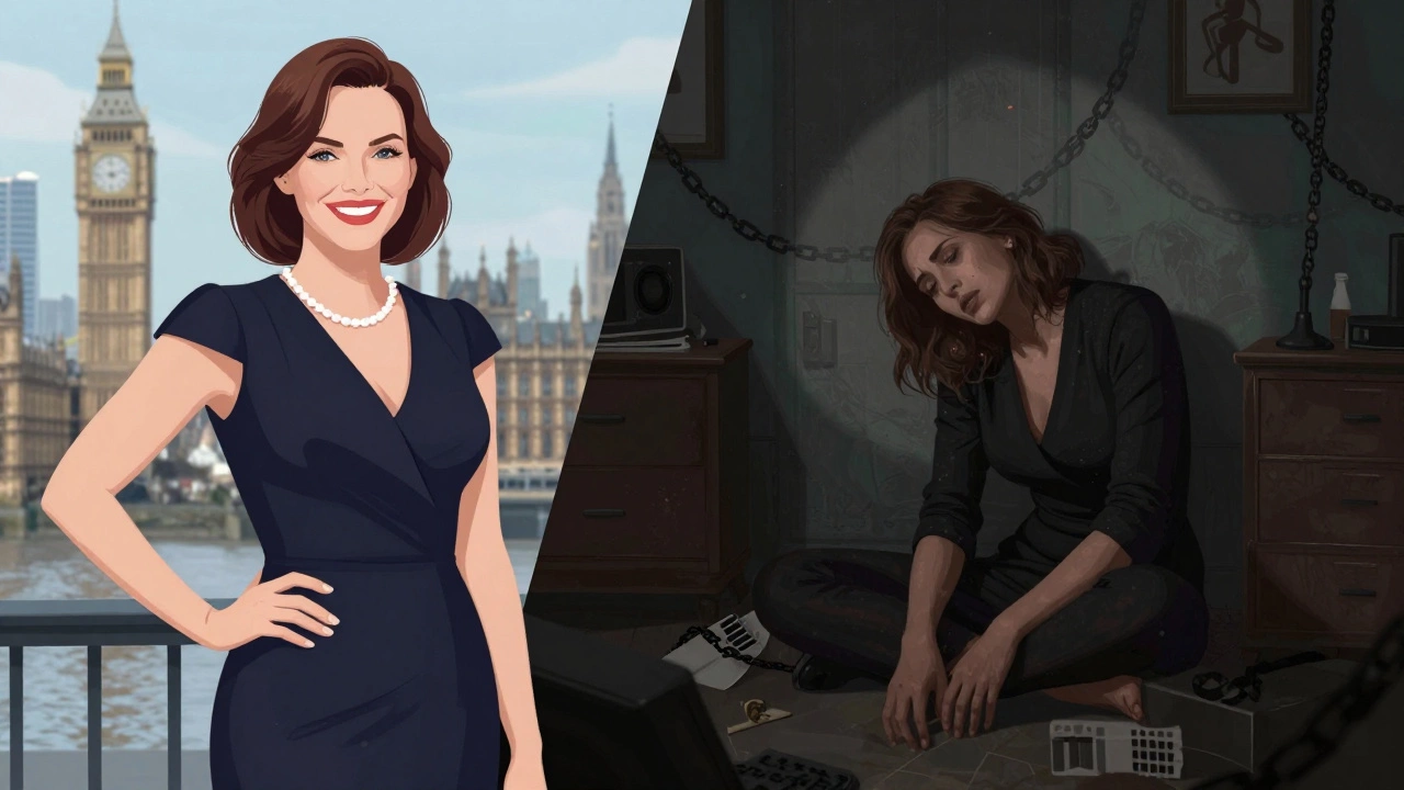 A woman is shown in two contrasting scenes: staged photo vs. real isolation, symbolizing exploitation.