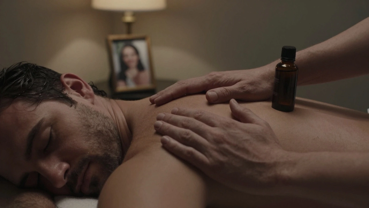 Gentle hands offering therapeutic touch on a sleeping man, lavender oil nearby, warm lamplight creating a calm atmosphere.